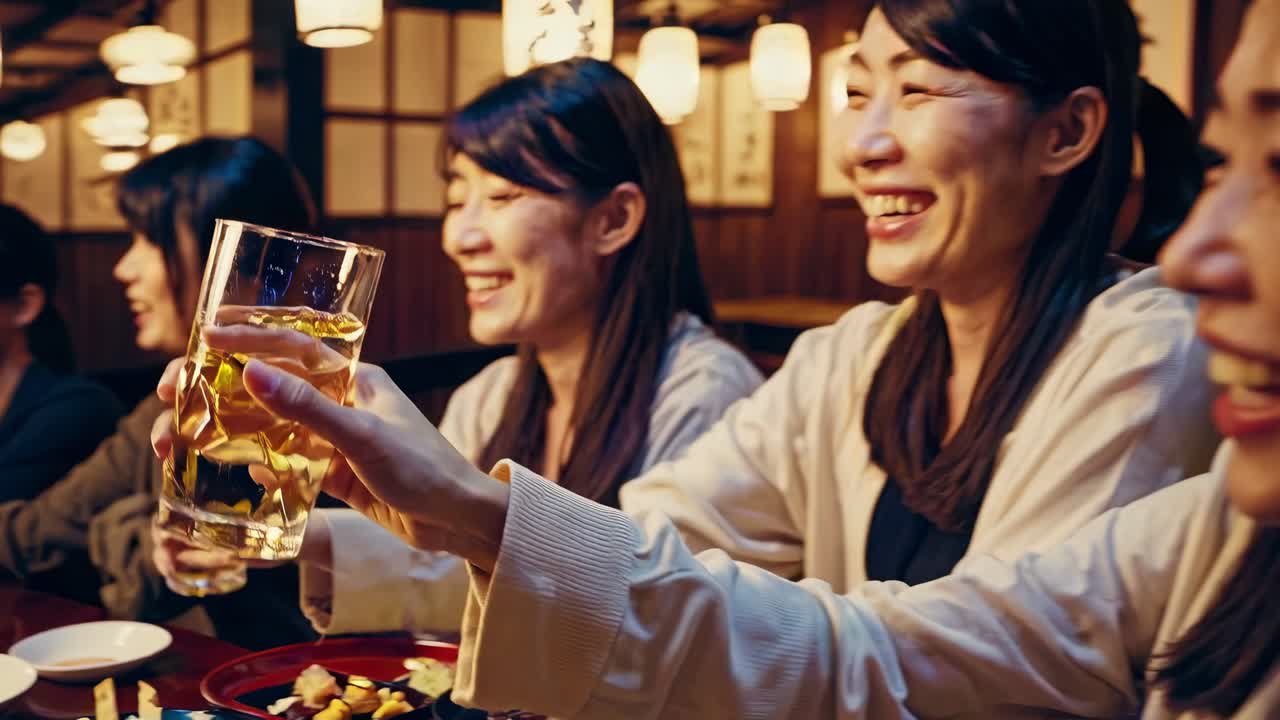 행복 한 친구 들 이 일본식 식당 에서 술 을 즐기고 있다