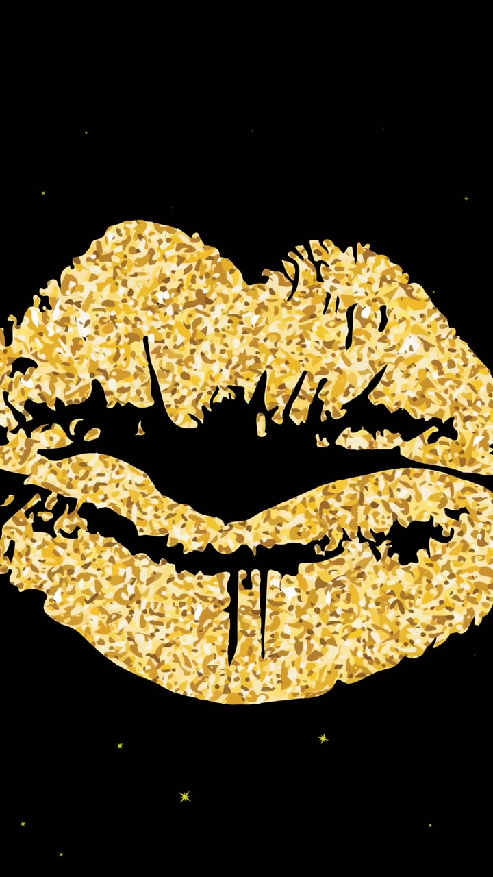 Animazione di una stampa di labbra dorata su stelle bianche che si muovono su sfondo nero.