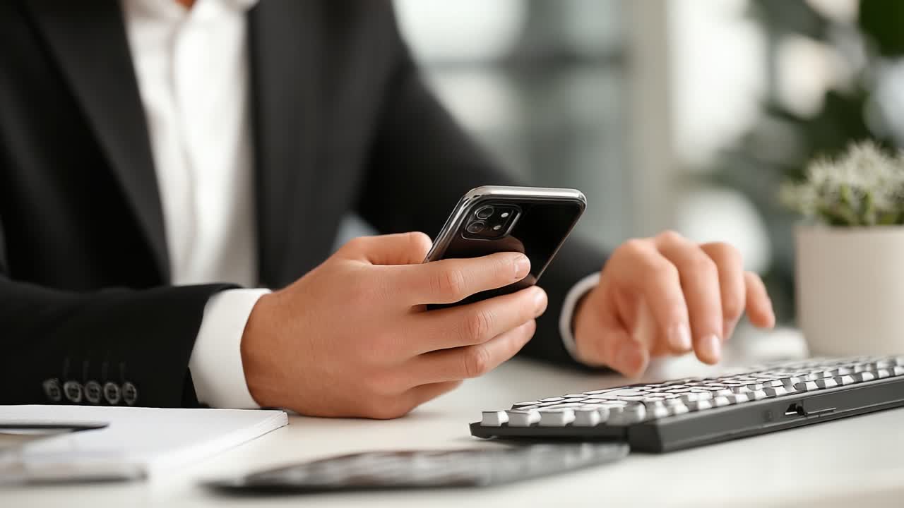 Un profesional trabajando con un smartphone y un teclado, capturando la esencia de la productividad moderna y la conectividad en un elegante entorno de oficina.
