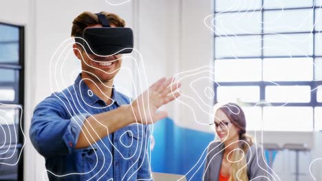 Animation-of-network-of-lines-over-businessman-wearing-vr-headset