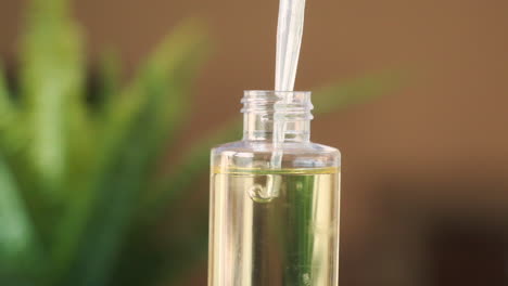 ultra slow motion essential oil dropper squeezing droplets of oil back into clear container, soft fern in background, bright and fresh, spa day