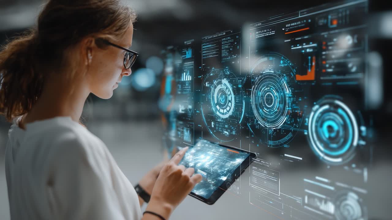A focused individual engages with an advanced digital interface, utilizing a tablet while interacting with graphical data and visualizations in a futuristic environment