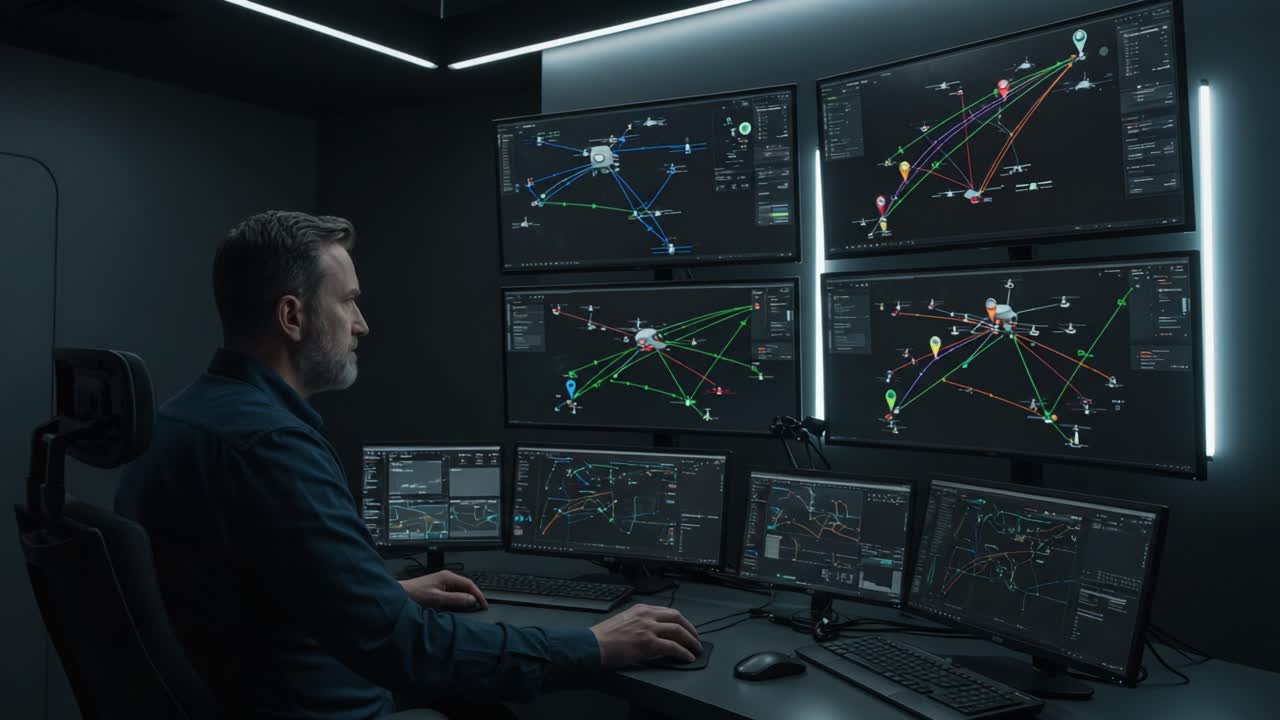 An Expert Analyst Conducts Data Visualization and Monitoring in a High-Tech Control Room with Multiple Screens Displaying Complex Networks and Analytics