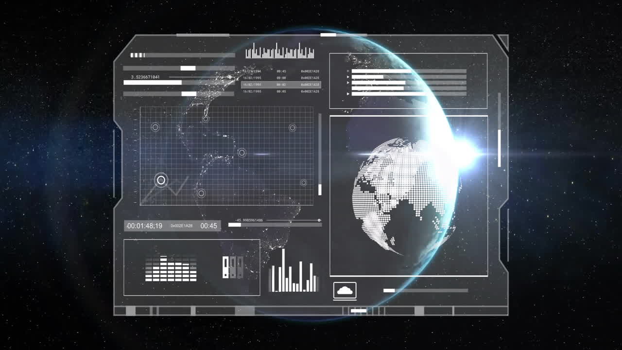 Animation of digital data processing over globe on black background