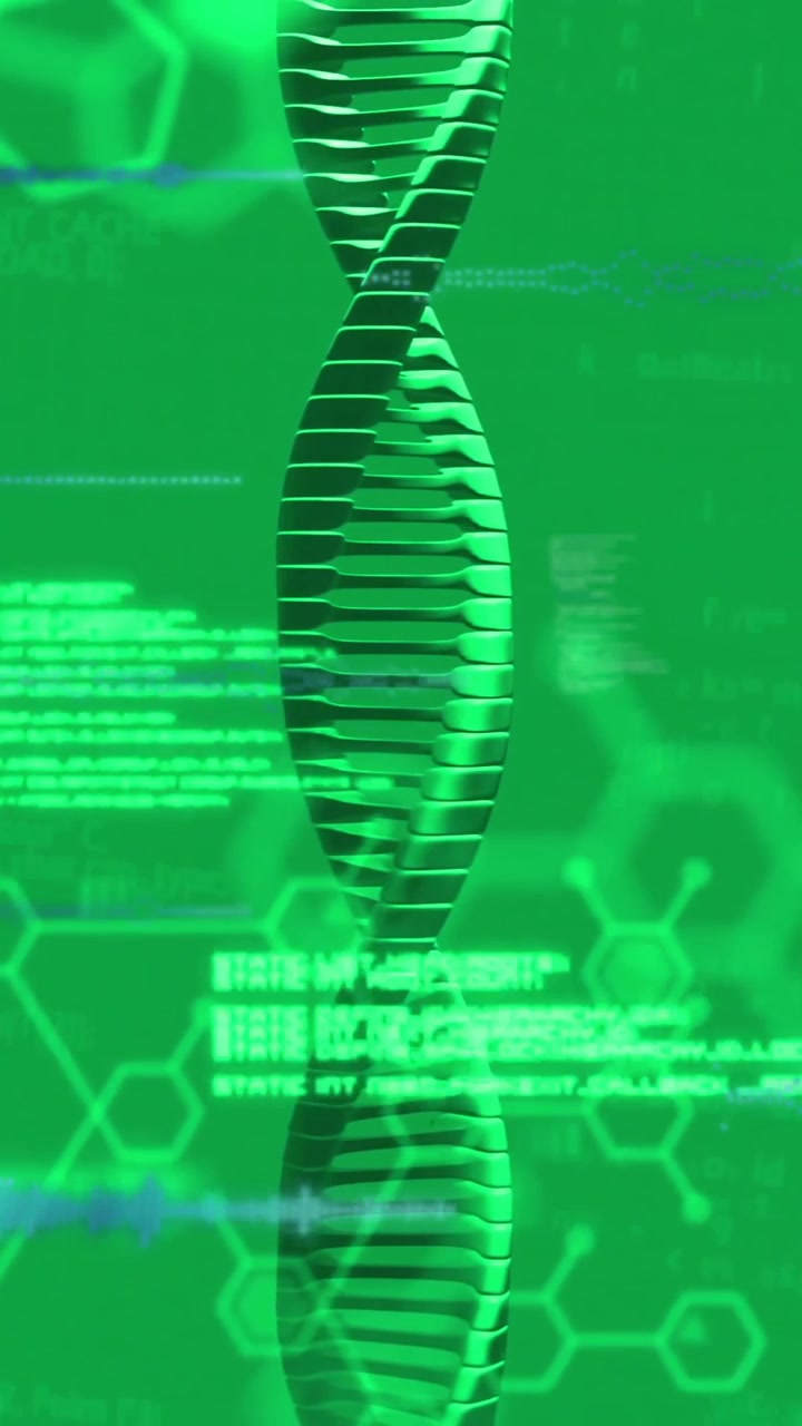 Animazione di elaborazione dati digitali e filamento di DNA su sfondo verde
