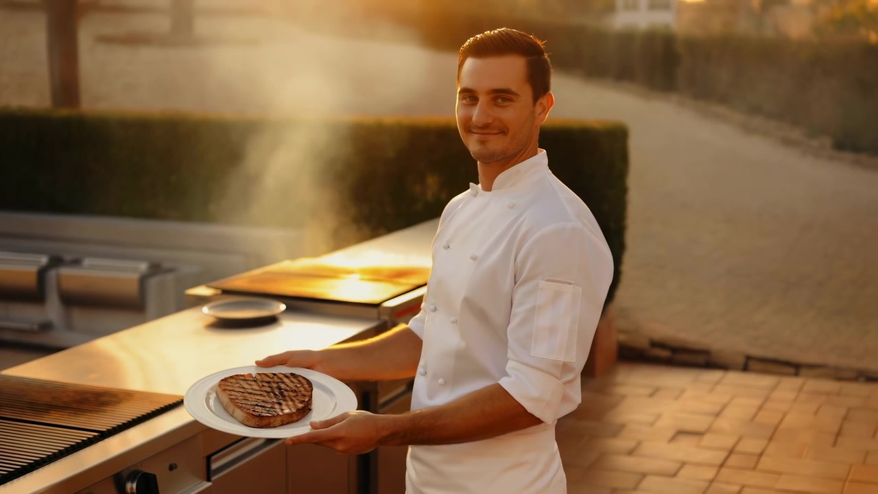 Smiling chef holds freshly grilled steak toward camera as steam rises from nearby flat grill, framed by golden evening light, metal worktops, paving, and trimmed hedges.