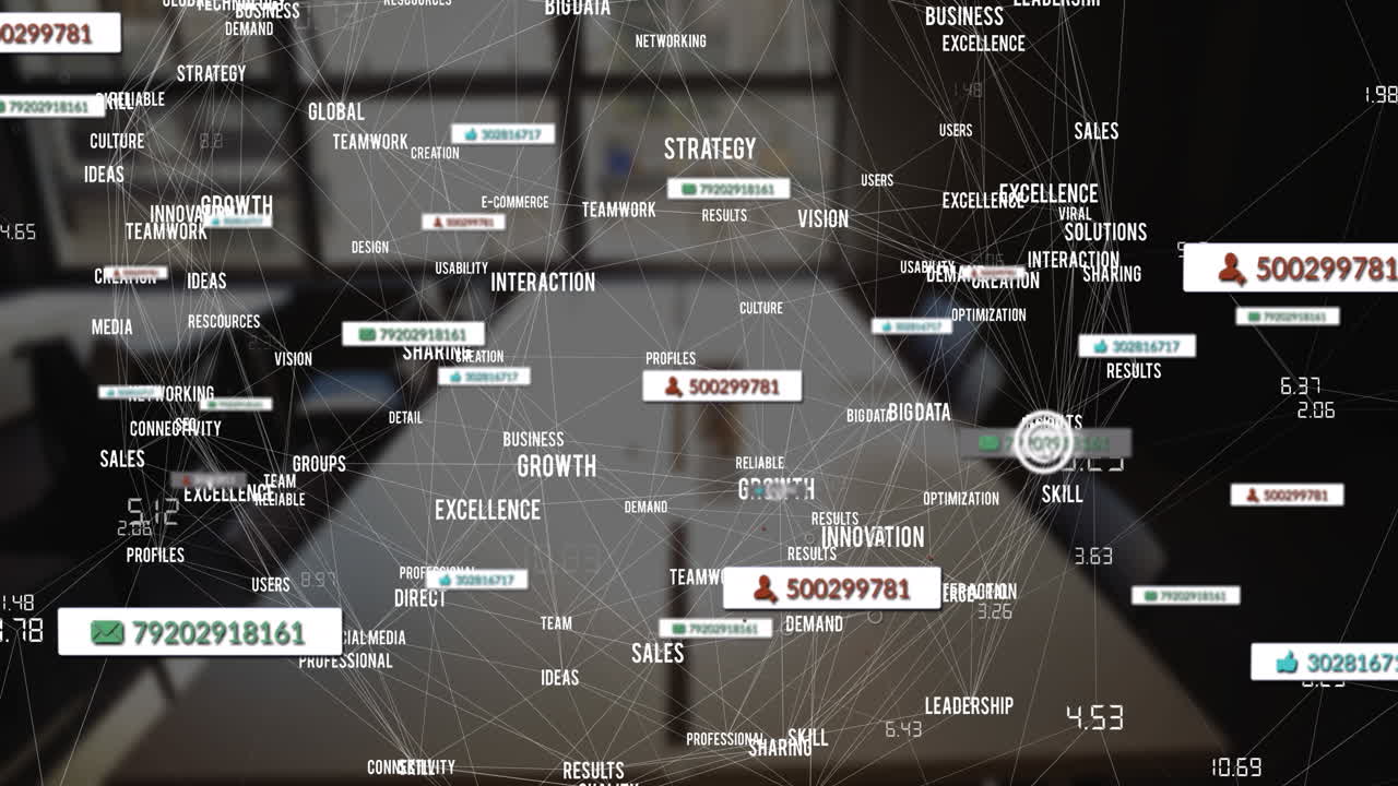 animación de iconos y números de redes sociales sobre un fondo oscuro