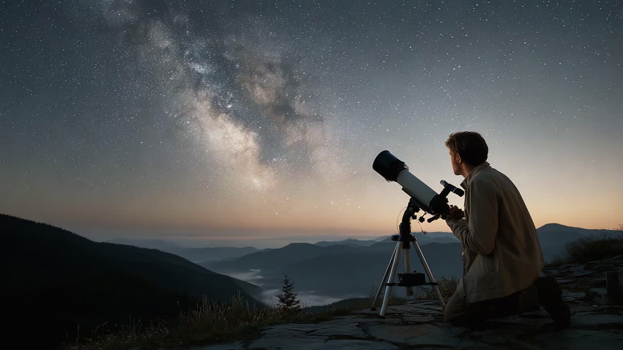Observador de estrellas contemplando la Vía Láctea: pasión por la astronomía bajo un cielo nocturno despejado con un telescopio que captura la belleza del universo