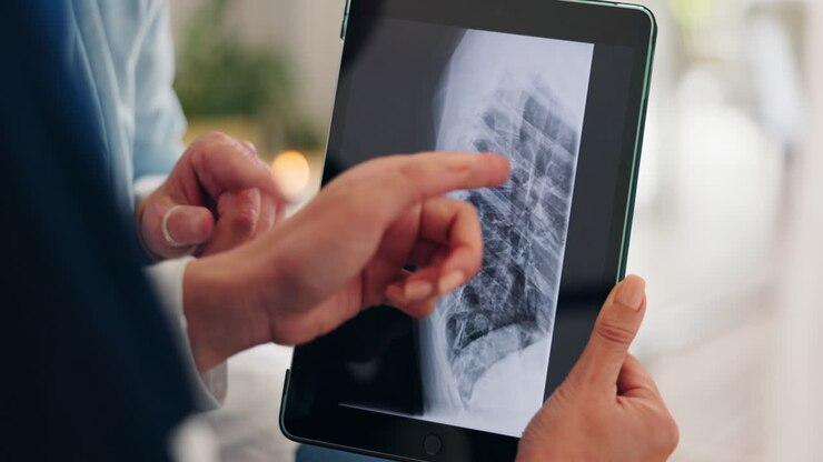 Mani, radiografia e squadra di medici su tablet