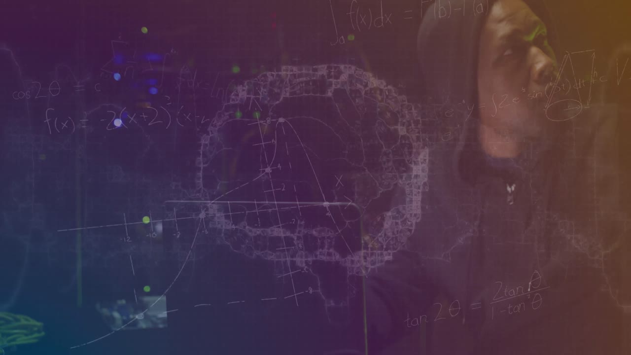 animación del cerebro digital y ecuaciones matemáticas sobre un hombre afroamericano usando una computadora portátil