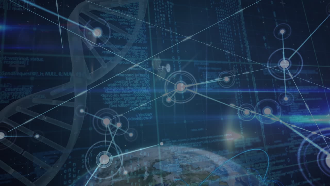 Animation of network of connections over globe and dna in navy space