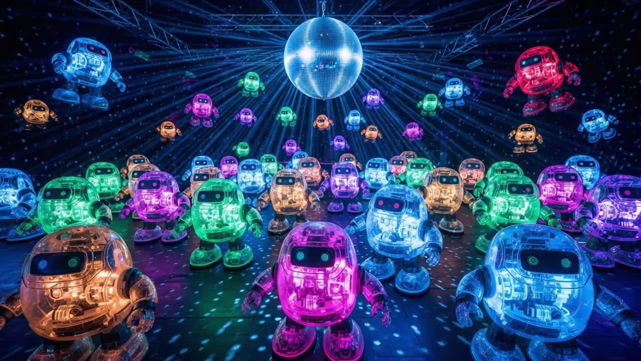 A Vibrant Gathering of Colorful Robots Dancing Under a Shimmering Disco Ball, Bathed in Varied Lights with an Electrifying Ambience and Energetic Atmosphere.