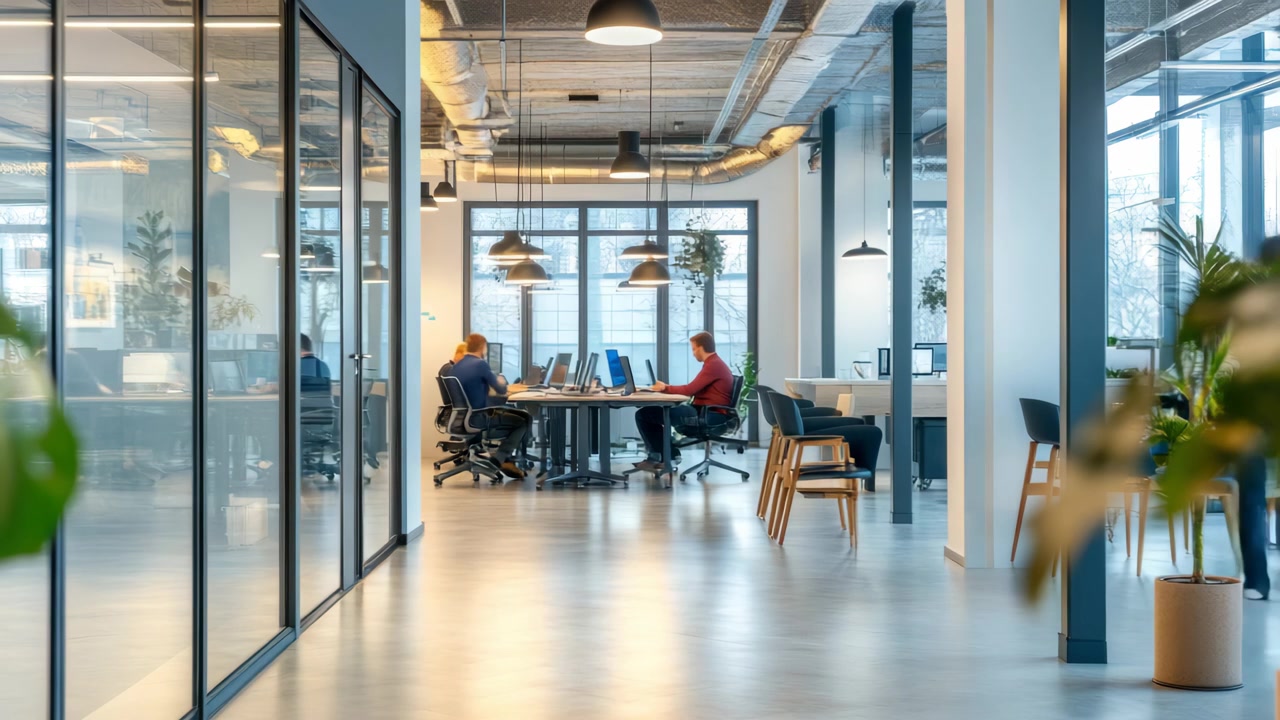 Professional Employees Working in Modern Open Plan Office