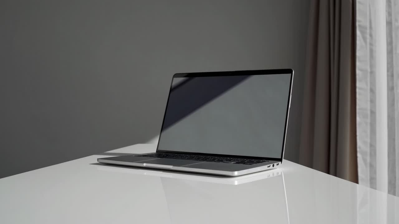 Concept video minimalista che mostra un laptop elegante su un tavolo bianco lucido, ripreso da un'angolazione laterale bassa.