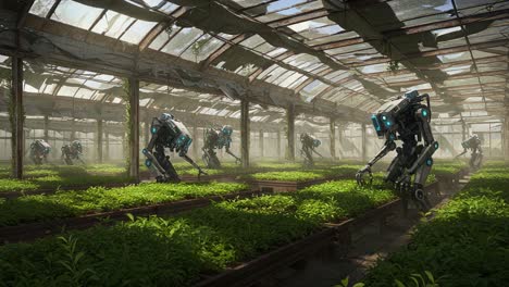 futuristic agricultural robots tending to lush green plants in an expansive greenhouse, showcasing advanced technology and sustainable farming practices