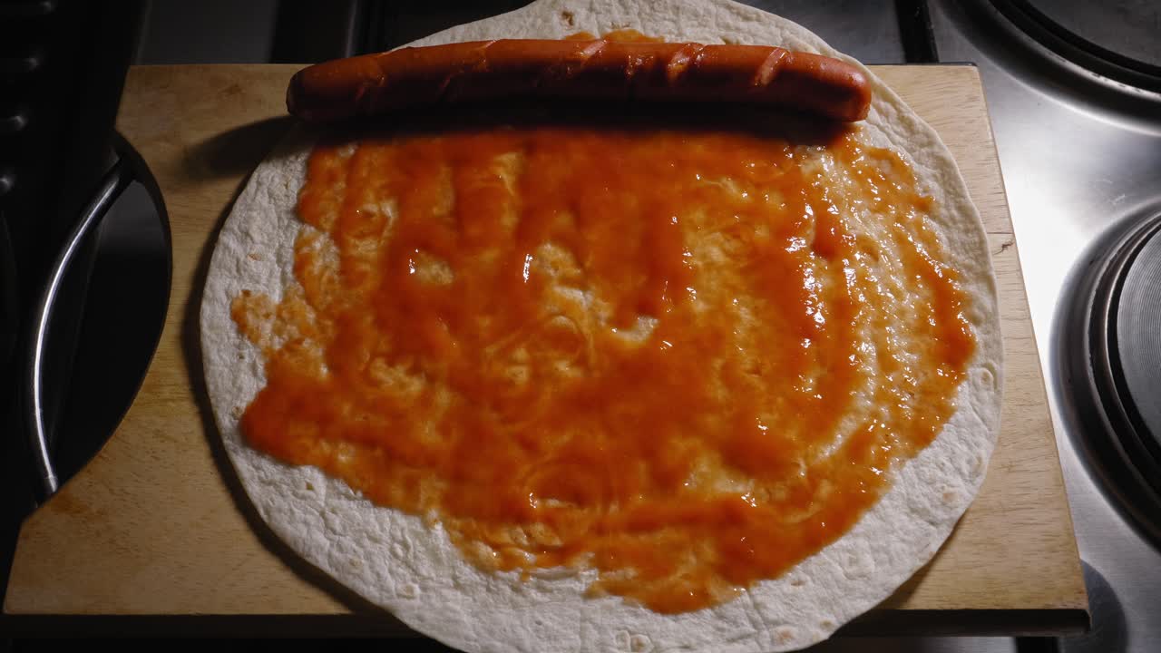 una toma de arriba hacia abajo de una salchicha de frankfurt caliente que se coloca sobre una tortilla de trigo, la envoltura completamente cubierta con una base de tomate que crea una tortilla increíblemente sabrosa para perros calientes
