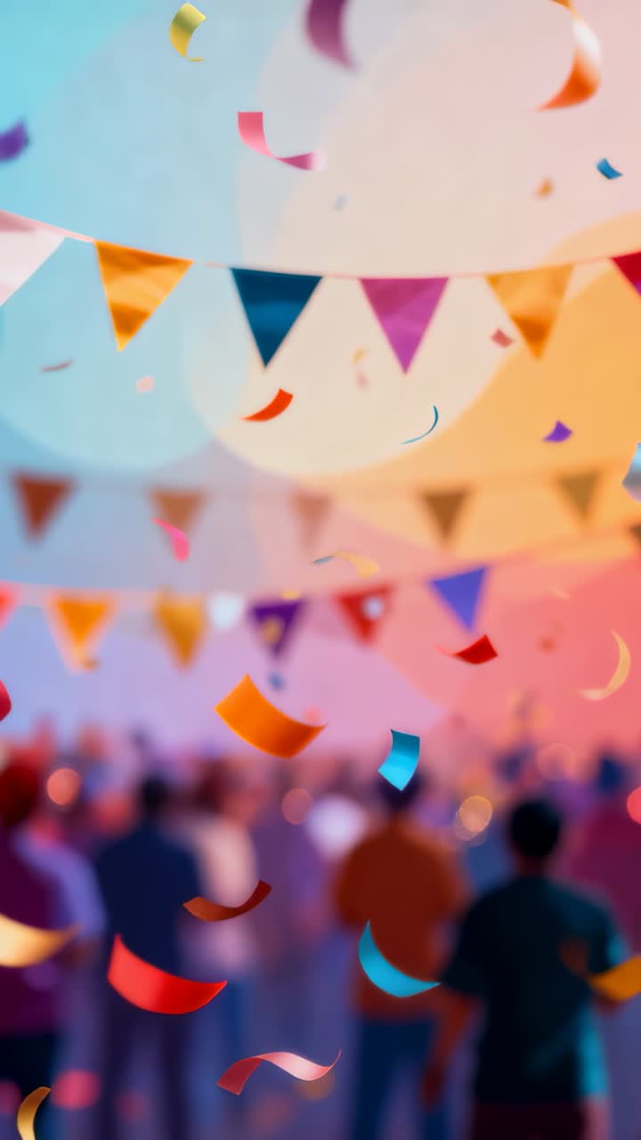 Video verticale: la festa inizia, una folla sfocata guarda il palco in una sala dai toni verde acqua, con bandiere e coriandoli.