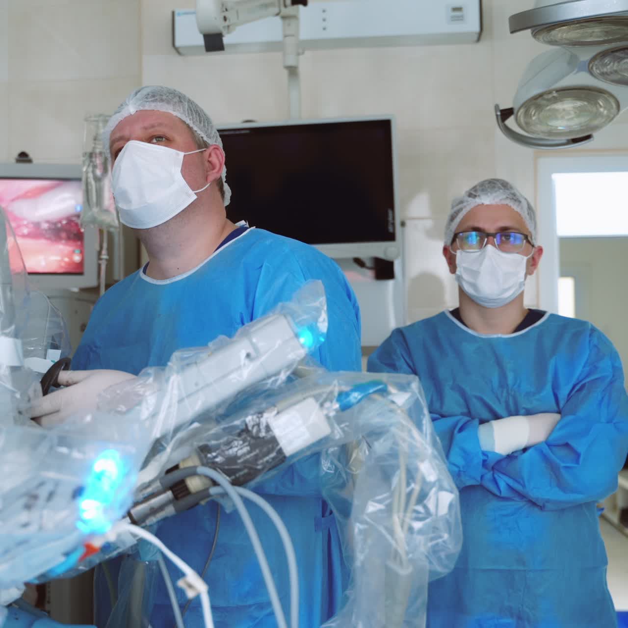 Operating room, medical surgical robot. Cancerous tumor removal surgery. Modern medical equipment. Minimally invasive robotic surgery