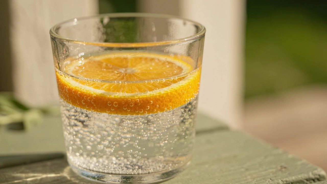 Bevanda rinfrescante agli agrumi in un bicchiere con bollicine e una fetta d'arancia, che mostra l'essenza di una bibita fresca in un luminoso ambiente estivo.
