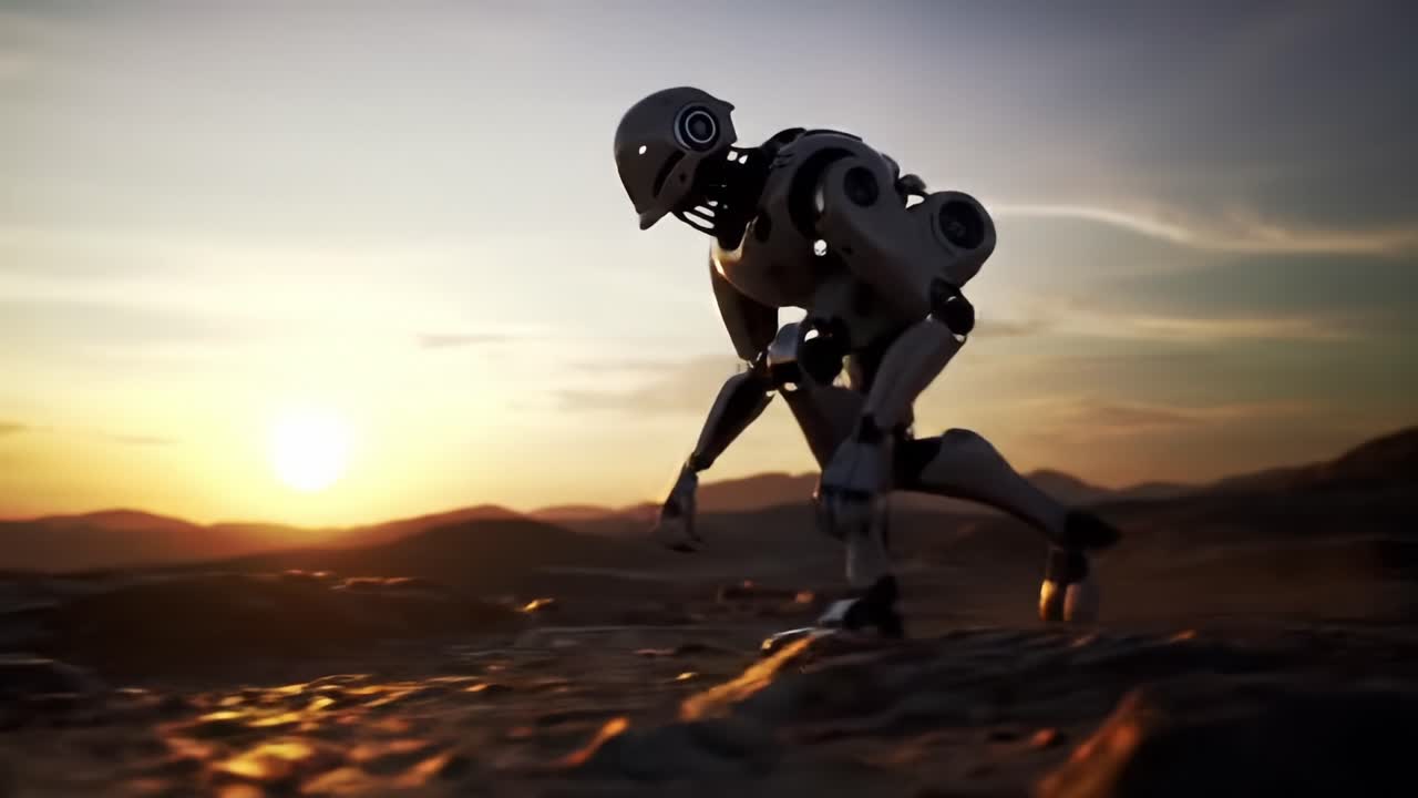 A Futuristic Robot Progressing Through an Expansive Desert Landscape at Sunset, Showcasing Cutting-Edge Technology and Imaginative Design Innovations