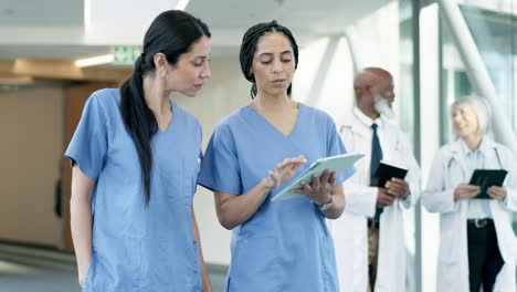 teamwork, tablet or nurses talking about results