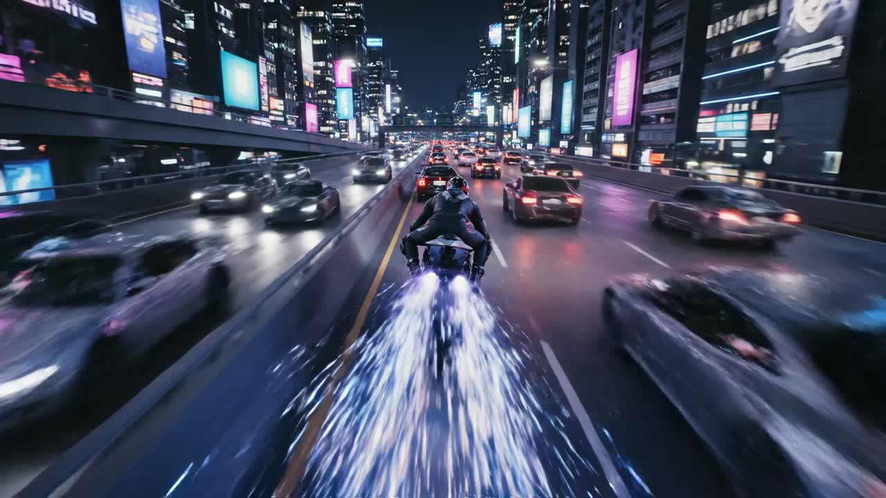 Futuristic Vehicle Flying Through a City at Night