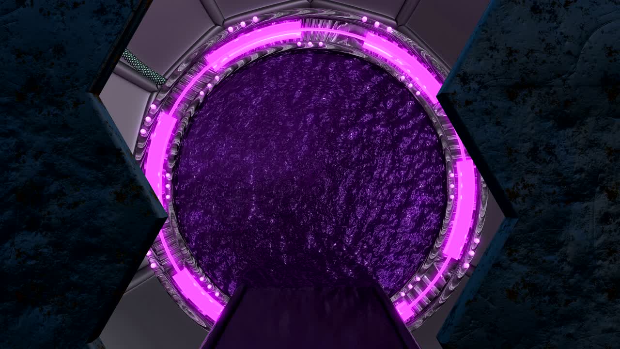 la escotilla oxidada de hierro abre una vista panorámica a la escena del paisaje de la nave espacial. fondo abstracto 3d de corredor de ciencia ficción con portal. tecnología futurista abstracto vj para títulos tecnológicos y fondo.