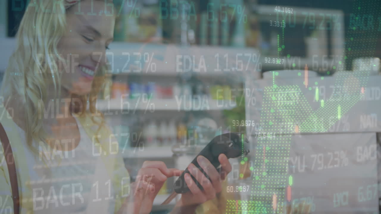 카카오스 여성이 카드 결제 및 터미널을 통해 금융 데이터 처리의 애니메이션