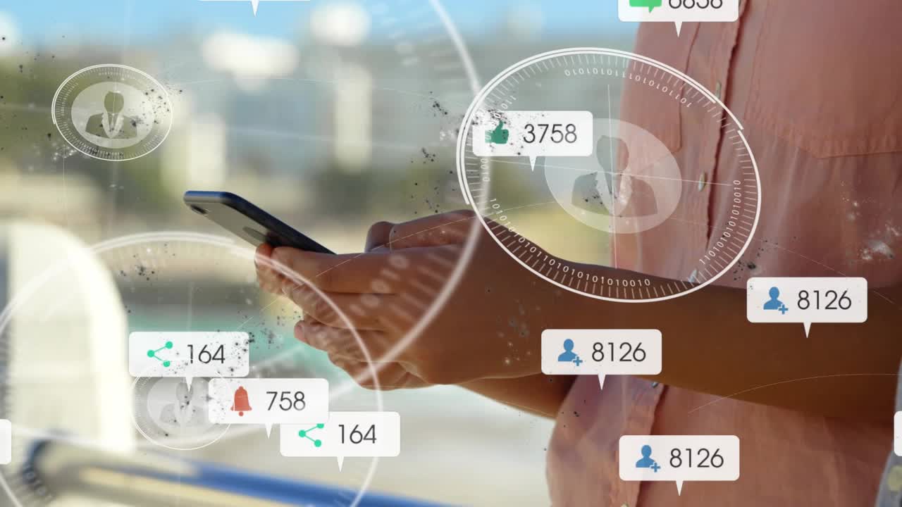 Woman holding smartphone checking feed, causing social media badges and HUD rings flooding frame