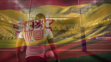 Animación-De-La-Bandera-De-España-Sobre-Un-Jugador-De-Rugby-Caucásico-En-El-Estadio.