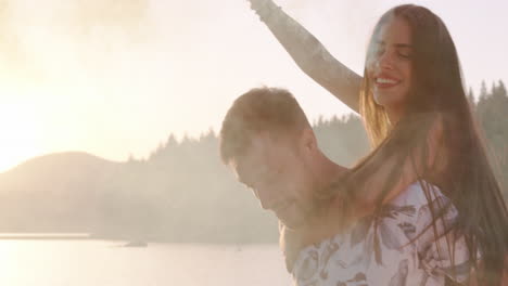 couples piggyback ride with colorful