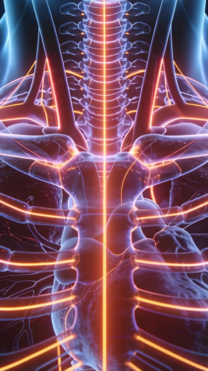Vertical video: Pulling back camera revealing thoracic spine in dark void, with pulsing orange beam