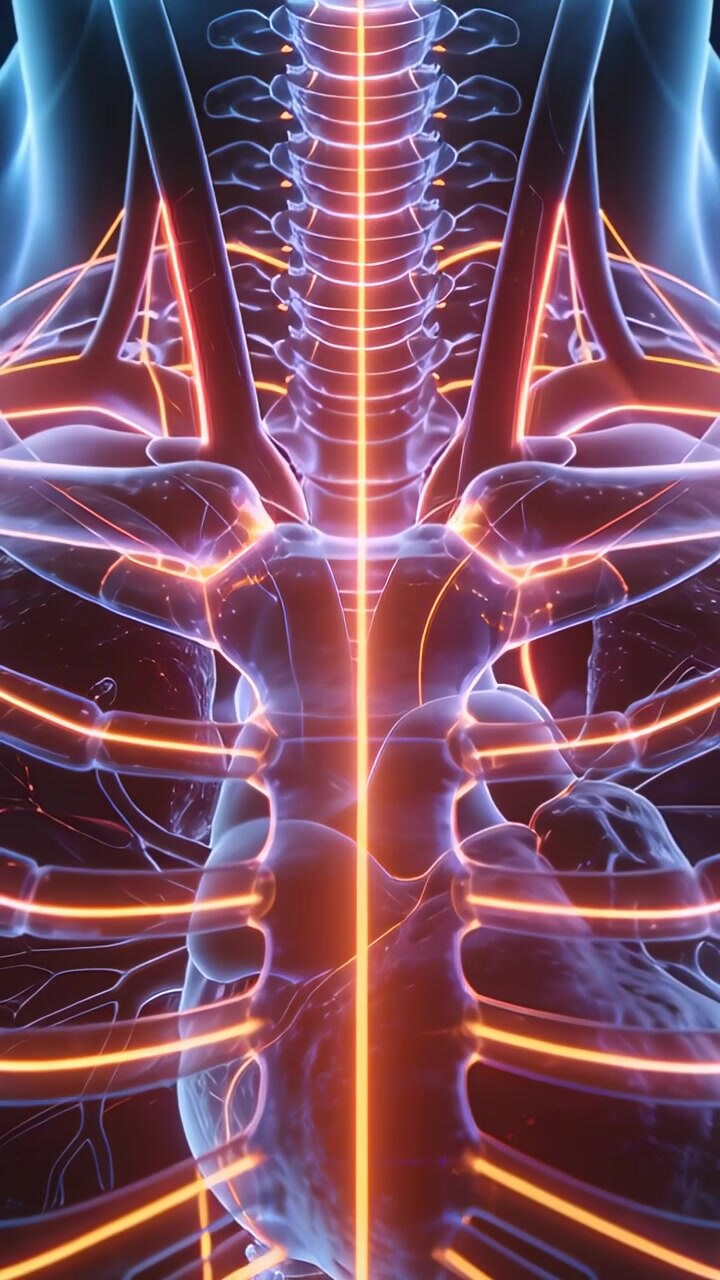 Vertical video: Pulling back camera revealing thoracic spine in dark void, with pulsing orange beam