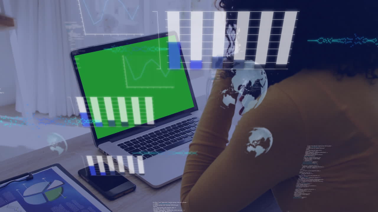 Data analytics animation over person working on laptop with green screen