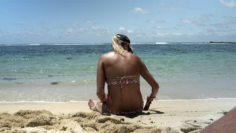 Vista-Trasera-De-Una-Mujer-En-La-Orilla-De-Una-Playa-De-Arena-Jugando-Con-Un-Trozo-De-Madera