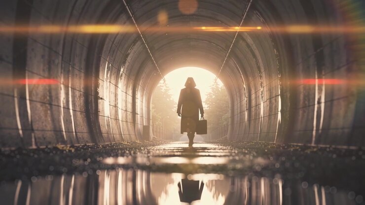 Person Walking Through a Dark Tunnel Toward Bright Light