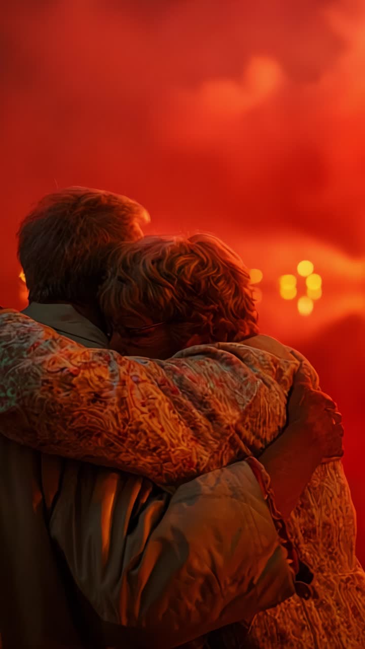 Una coppia si abbraccia calorosamente in un contesto affascinante di fumo rosso turbinante e luci soffuse, catturando un momento di intimità e connessione