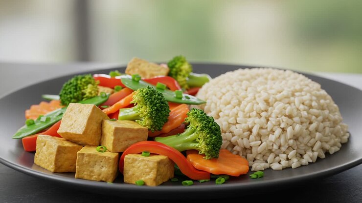 Delicious and Colorful Plant-Based Stir-Fry with Tofu, Broccoli, Carrots, and Snap Peas Served Alongside Fluffy Brown Rice on a Stylish Plate
