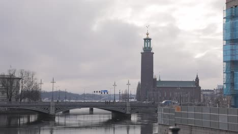 The-Vasa-Bridge-With-Stockholm-City-Hall-At-The-Background-In-Central-Stockholm,-Sweden