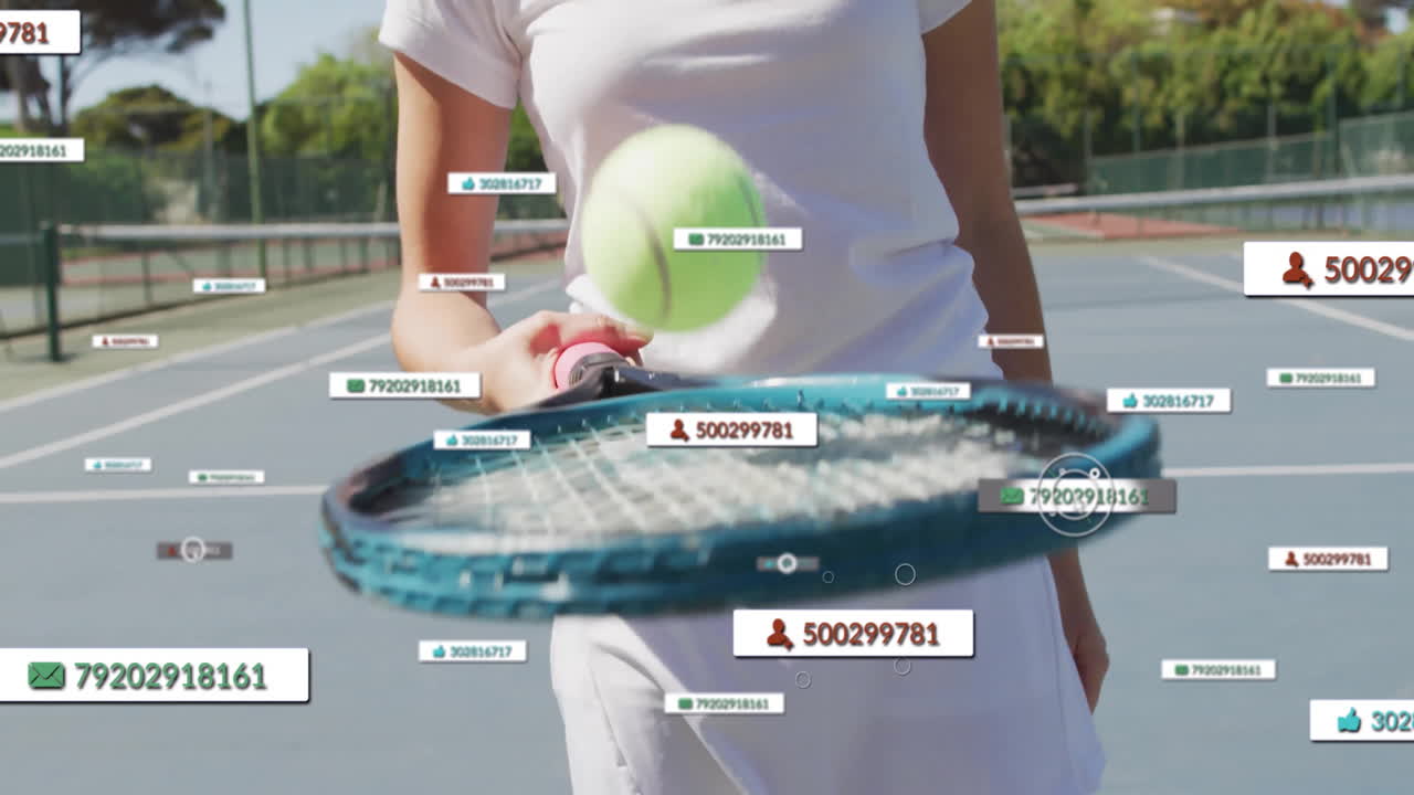 Female tennis player balancing tennis ball on racket on court, showcasing floating AR tech labels