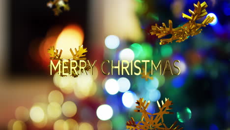 animación de texto de feliz navidad sobre copos de nieve y fondo de árbol de navidad