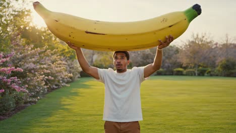 Man holding a giant banana outdoors