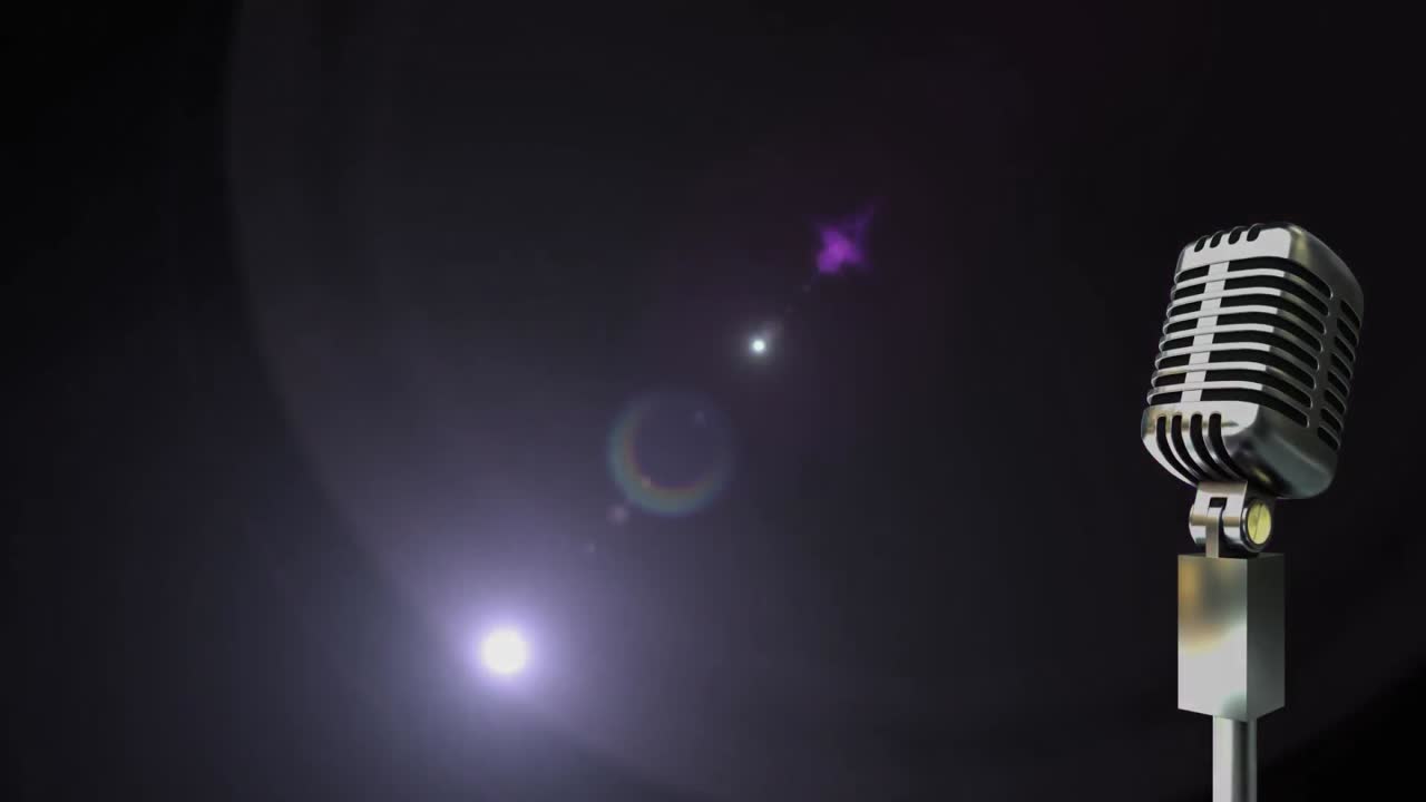 animación de un micrófono antiguo sobre un fondo púrpura