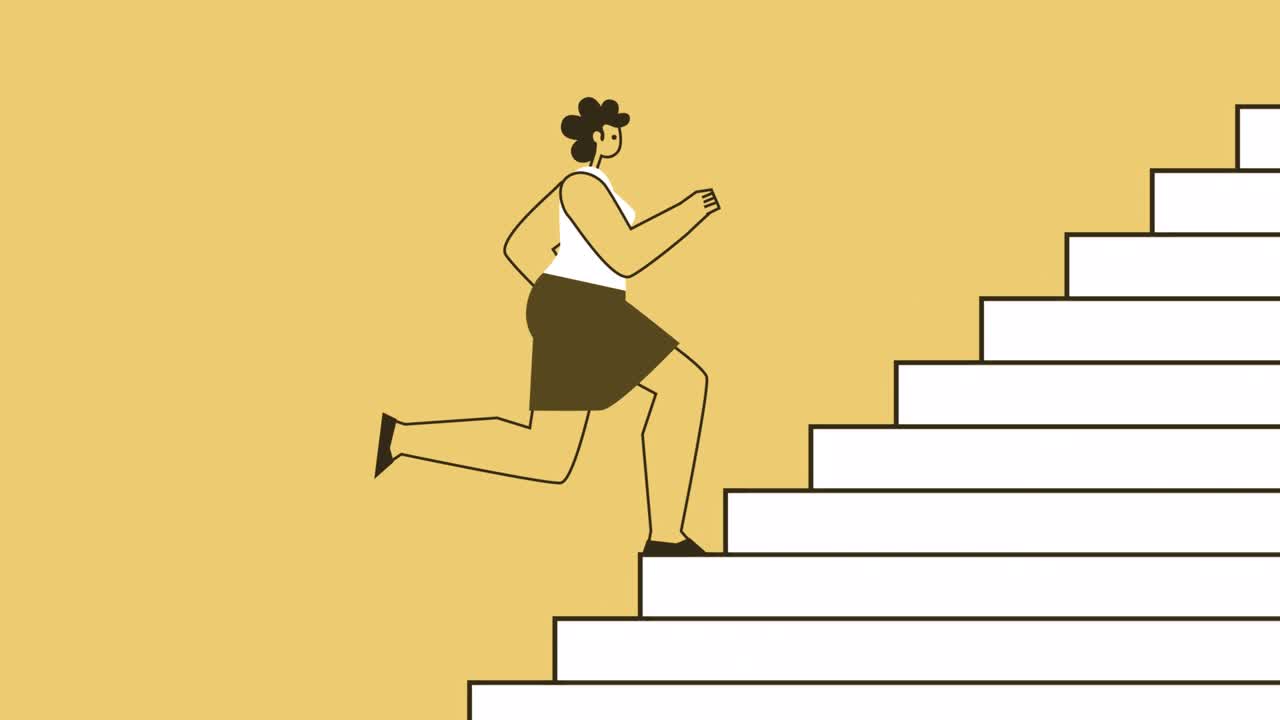 노란색 스타일의 여성 평평한 캐릭터는 계단을 올라간다. 알파 채널과 함께 고립된 루프 애니메이션