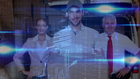 animación del procesamiento de datos sobre el equipo de entrega sonriente