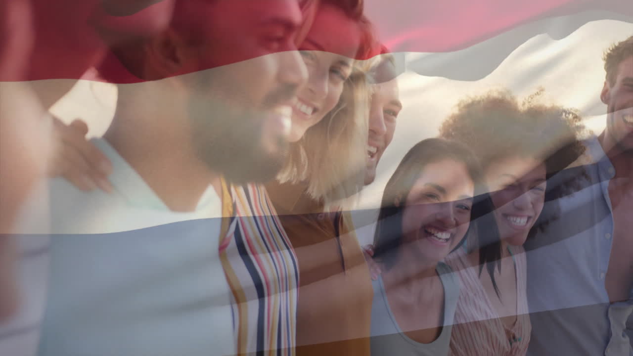 Smiling diverse group with Netherlands flag overlay in animation style