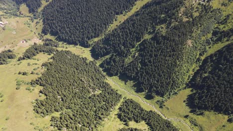 Drone-view-through-green-mountains,-view-of-mountains-and-forests