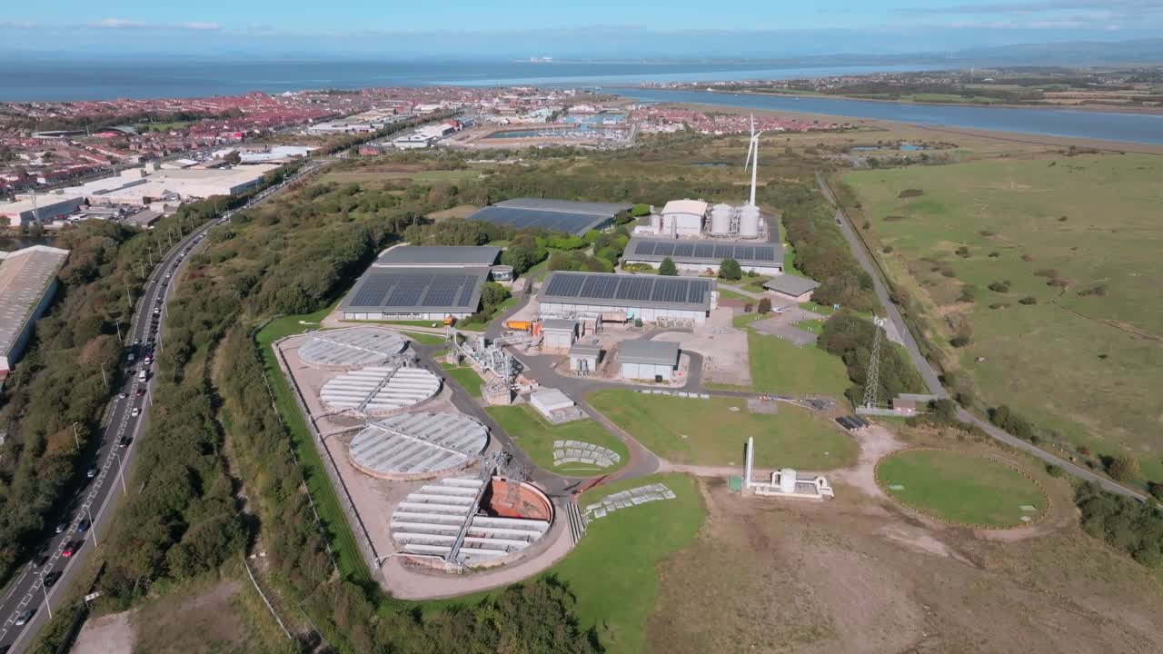 Water And Sewerage Treatment Plant On Peninsula With Solar And Wind Power. Fleetwood, Lancashire, UK