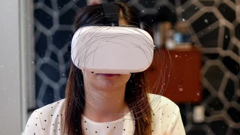 Animation-of-globe-with-network-of-connections-over-businesswoman-wearing-vr-headset