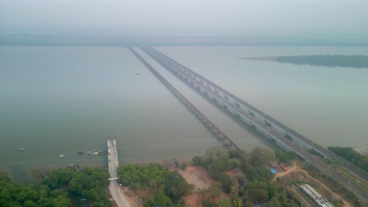 bhayandar to naigaon vasai creek railway bridge empty drone shot